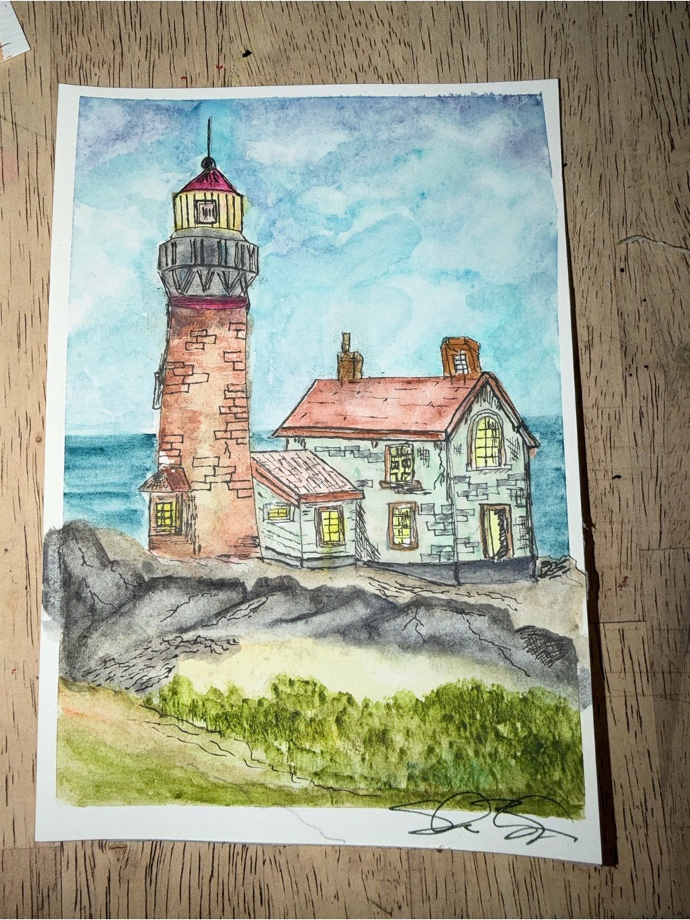 Watercolor Lighthouse Art Print in Blue and Red - Unbranded